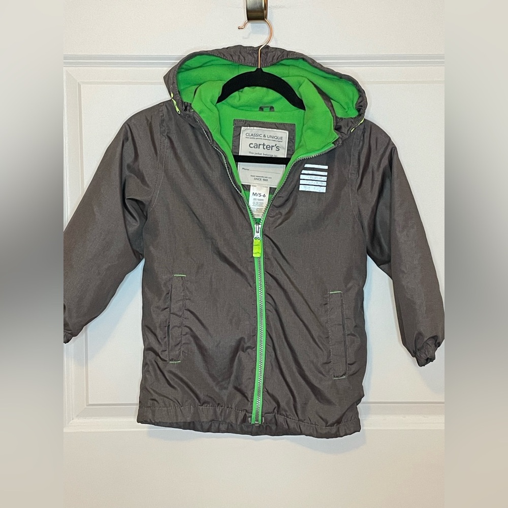 Carter’s Boys Hooded Jacket Gray Neon Green Zip Fleece Lined Windbreaker 5/6